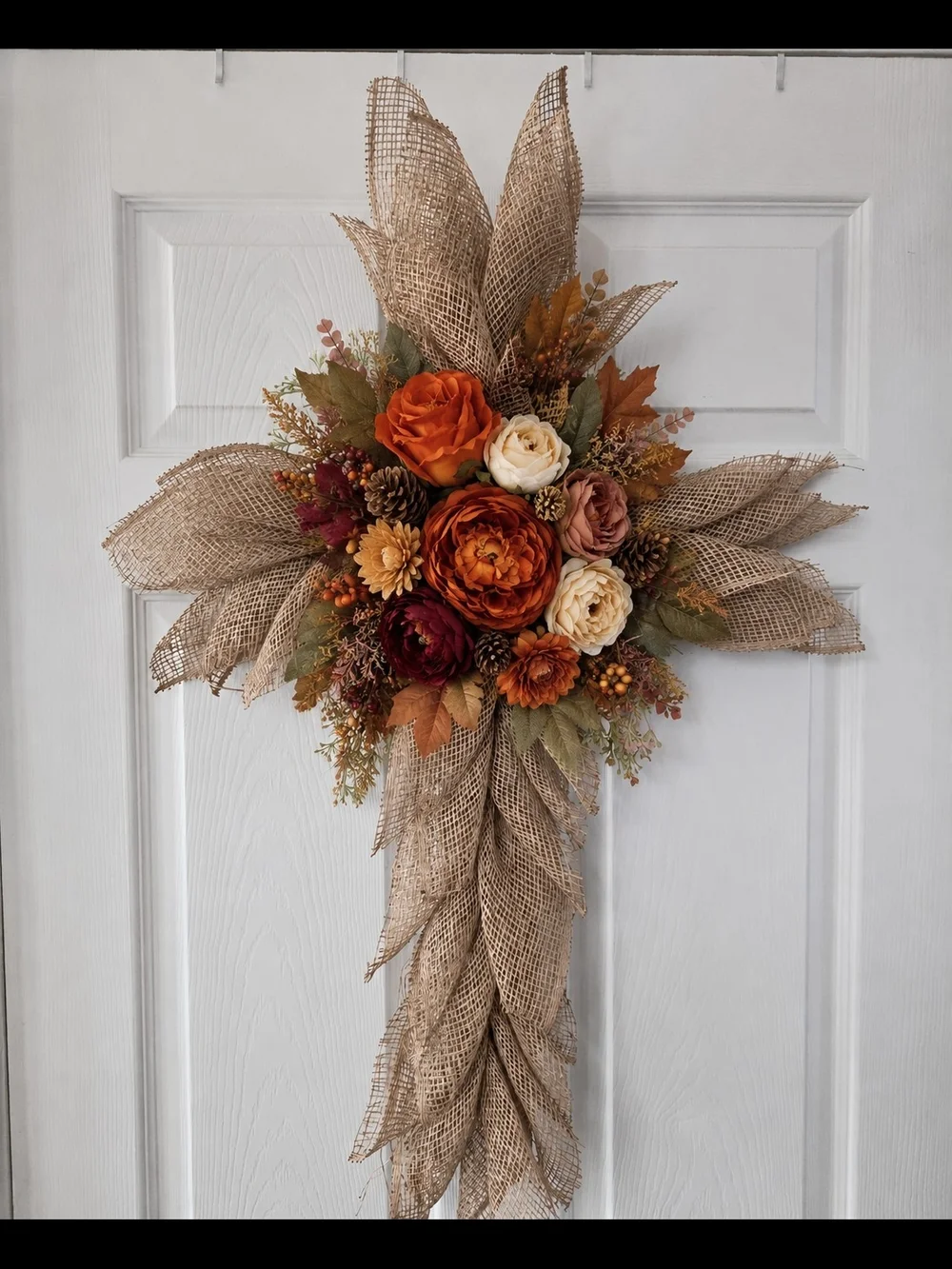 Autumn Poly Burlap Floral Cross Wreath - Neutral and Orange